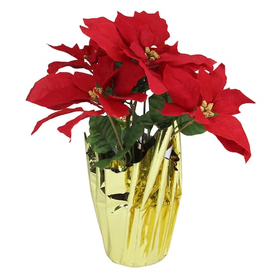 16" Red & Gold Artificial Christmas Poinsettia Arrangement in Wrapped Pot